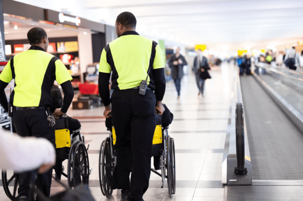 Airport staff helping people in wheelchairs